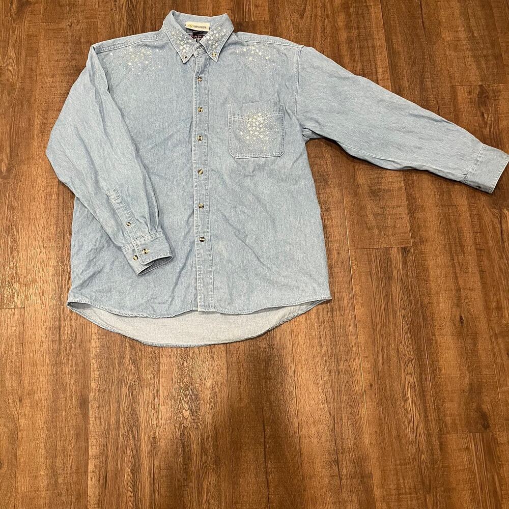 Christine Alexander Denim Star Button Up Shirt Womens Medium Blue Bling